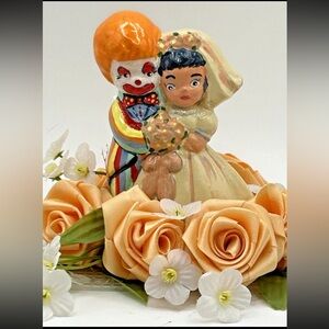 Novelty Bride & Clown Groom Wedding Cake Topper Figurine with Orange Flowers